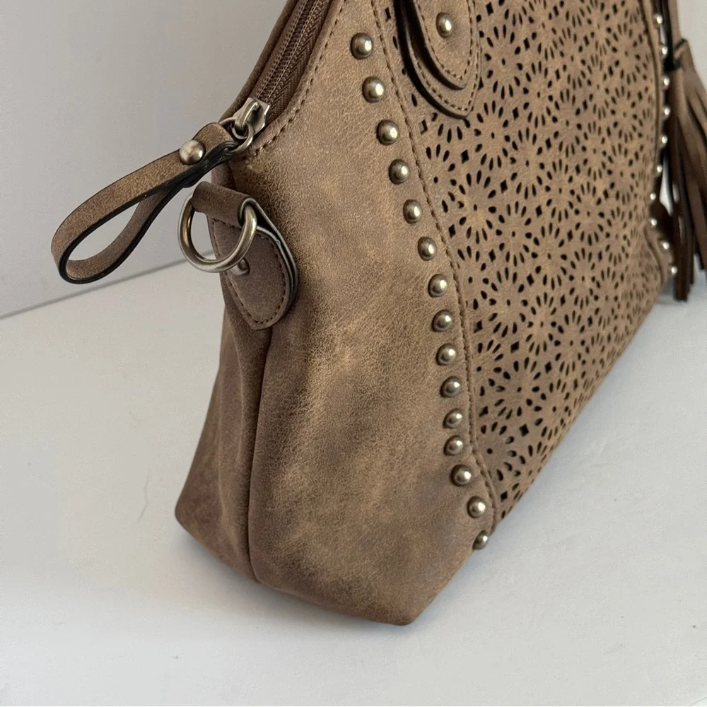 Bueno Satchel Crossbody Bag Brown Studded Purse Shoulder Bag